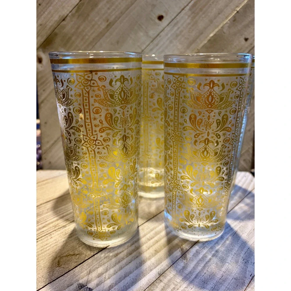 Vintage Gold Damask Floral Glass Tumbler Clear Gold Rim Boho Barware set of 6